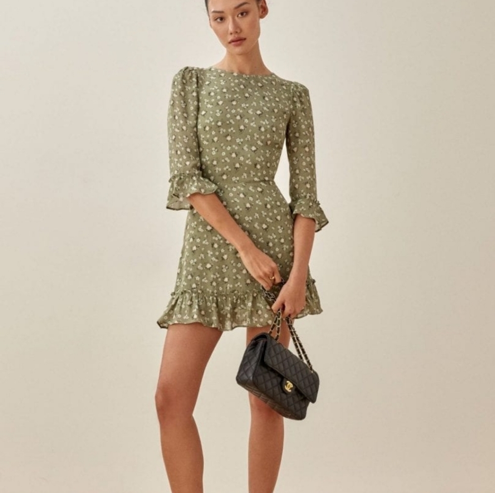 Reformation Olive Green Floral Mini Dress